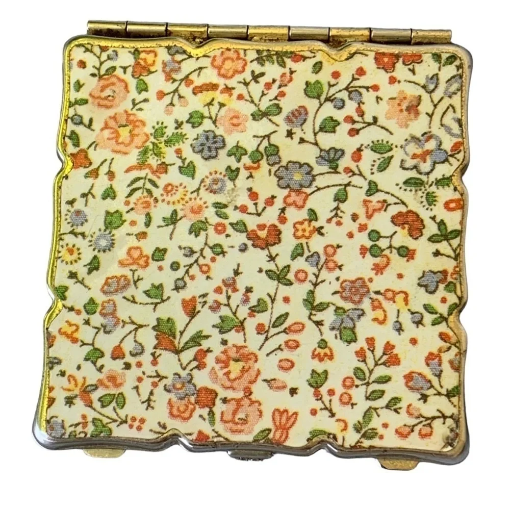 Vintage Floral Compact Mirror Made in Japan Flowers Gold Tone Enamel Square